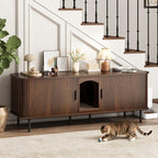 Fluted Hidden Cat Litter Box Enclosure – Modern Wood Furniture with Scratching Pad, Large Indoor Cat House Cabinet Side/End Table for Living Room & Entryway