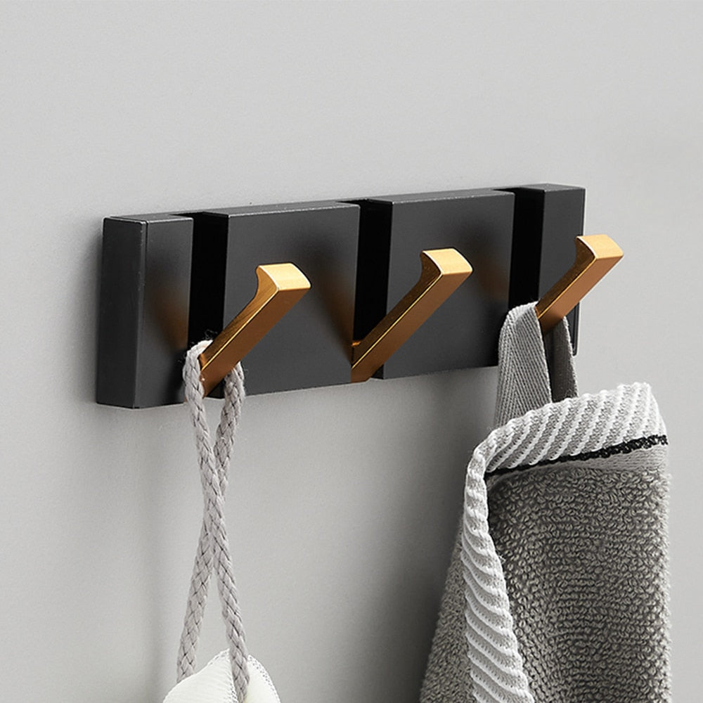 Black Gold, Folding Towel Hanger 2way Installation Wall Hooks Coat Clothes Towel Umbrella Leash Holder for Bathroom Kitchen Bedroom Hallway Pantry Laundry Entry Patio Pets