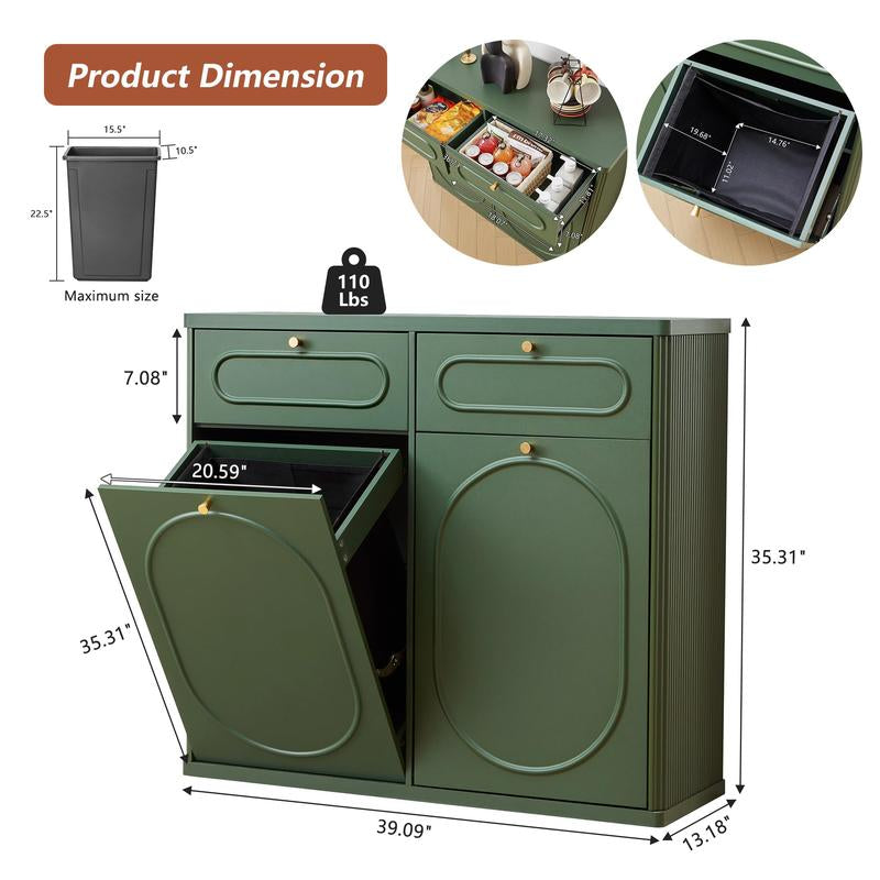 Giratree Tilt Out, Wood Kitchen Garbage Bin with Drawer, Fluted 10 Gallon Laundry Hamper