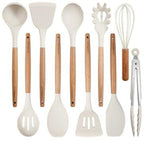 Silicone Cooking Utensils Set 10 Pcs - BPA Free Kitchen Utensil Set with Heat-Resistant Wood Handles, Non-Scratch Spatula Set Safe for Nonstick Cookware (Black)