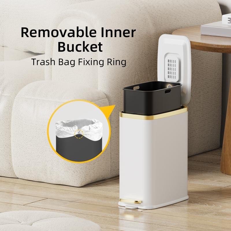 1.6 Gal Slim Bathroom Trash Can with Slow-Closed Lid, Step Pedal, 6L Stainless Steel Garbage Can with Removable Inner Bucket, Built-In Odor Filter, Small Wastebasket for Bathroom, Toilet, Home Office, Bedroom