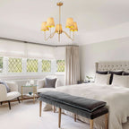 28 Inch Rattan Chandelier Antique Brass Five Light Pendant With Flower Shade Lamps