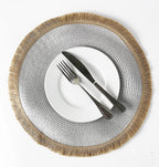 Fennco Styles Hand Braided Fringe Boho Placemats 15 Inch Round, Set of 4 - Beige & White Woven Textured Table Mats for Home, Dining Room, Banquets, Family Gathering and Special Occasion