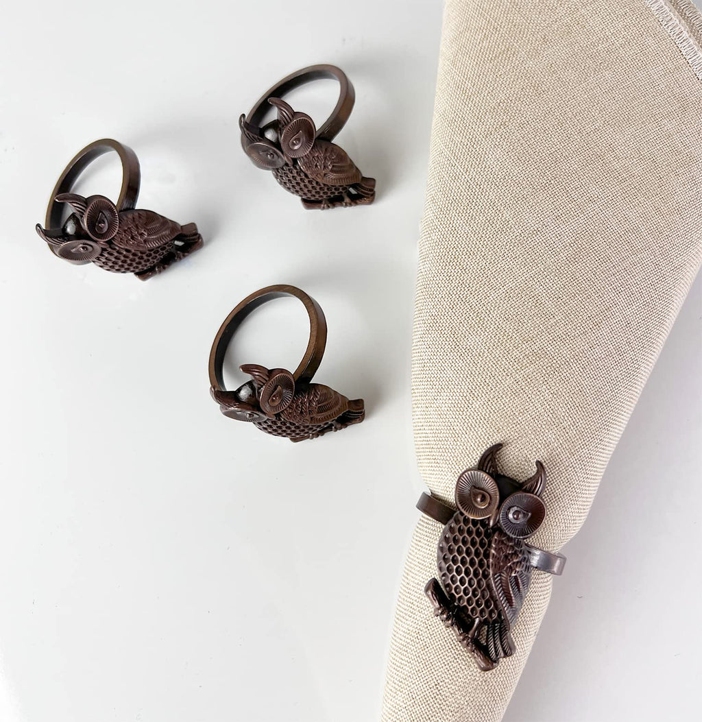 Fennco Styles Perched Owl Metal Napkin Rings, Set of 4 - Animal Napkin Holders for Home Décor, Dining Table, Banquets, Family Gathering and Special Occasions