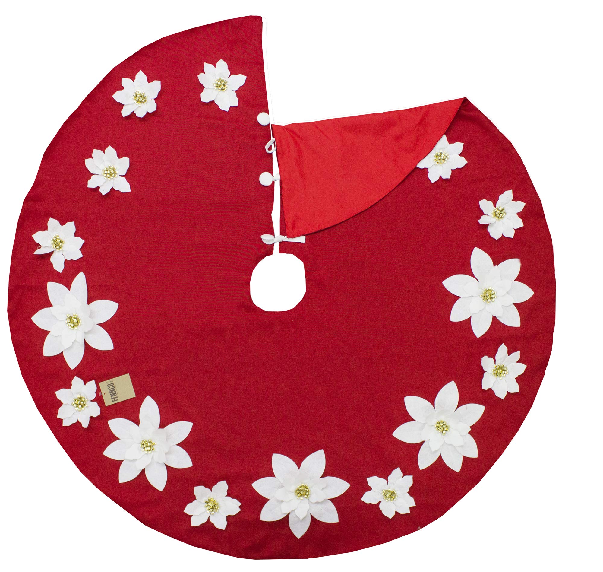 Fennco Styles Handmade Holiday Unique 3D Poinsettia Christmas Tree Skirt (Red+White 53" Tree Skirt)