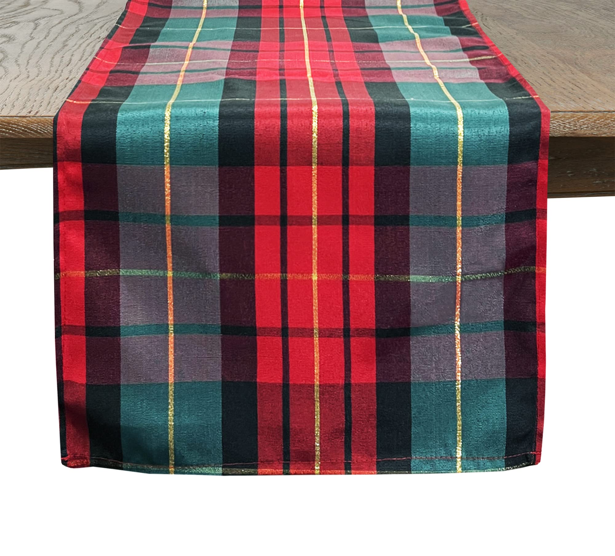 Fennco Styles Red & Green Holiday Tartan Plaid Table Runner 16"W X 54"L - Multicolored Table Cover with Gold Lurex for Christmas, Winter Holidays, Home Décor, Banquets, Family Gatherings and Special Occasion
