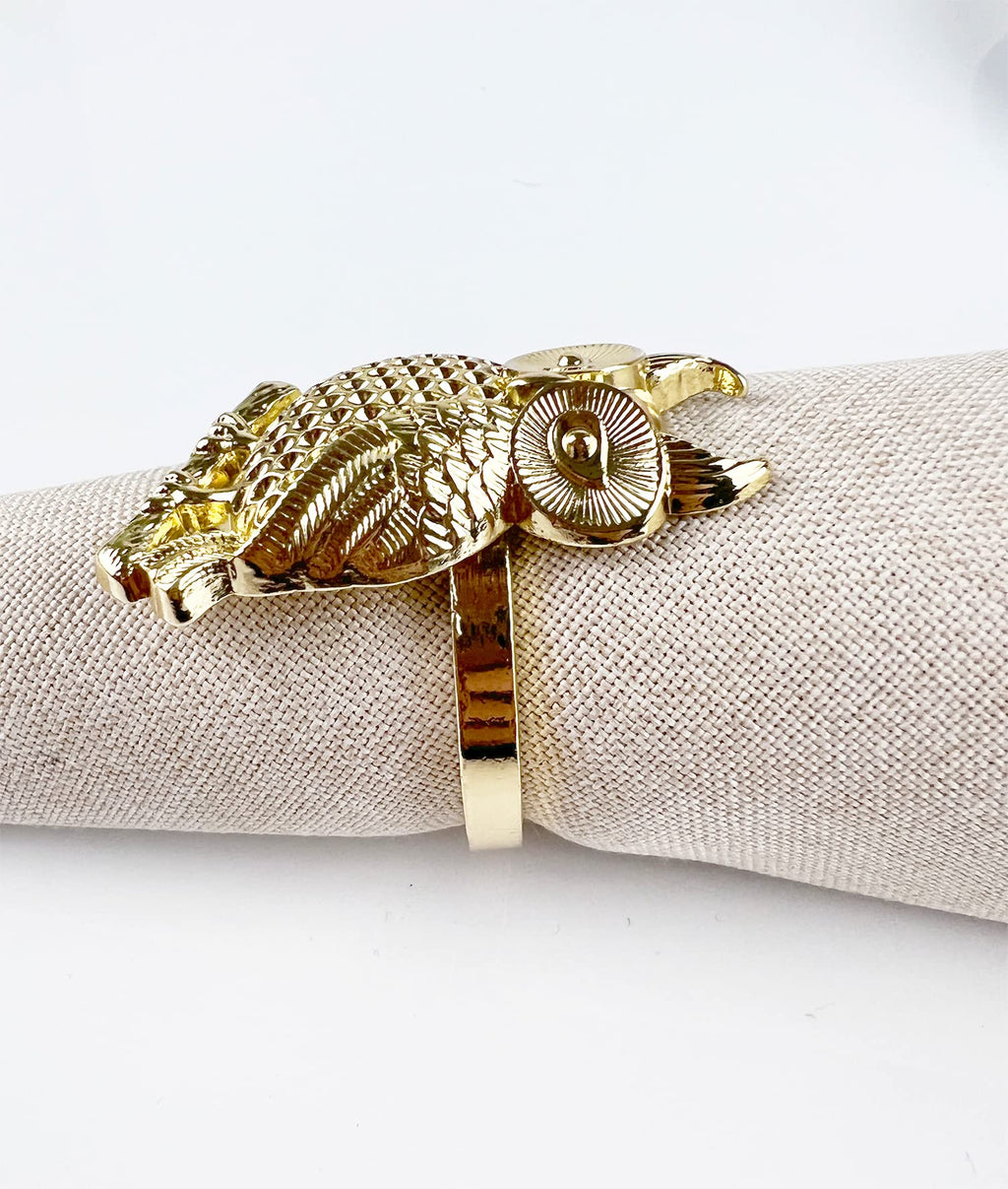 Fennco Styles Perched Owl Metal Napkin Rings, Set of 4 - Animal Napkin Holders for Home Décor, Dining Table, Banquets, Family Gathering and Special Occasions