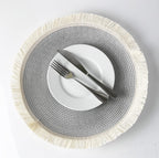 Fennco Styles Hand Braided Fringe Boho Placemats 15 Inch Round, Set of 4 - Beige & White Woven Textured Table Mats for Home, Dining Room, Banquets, Family Gathering and Special Occasion