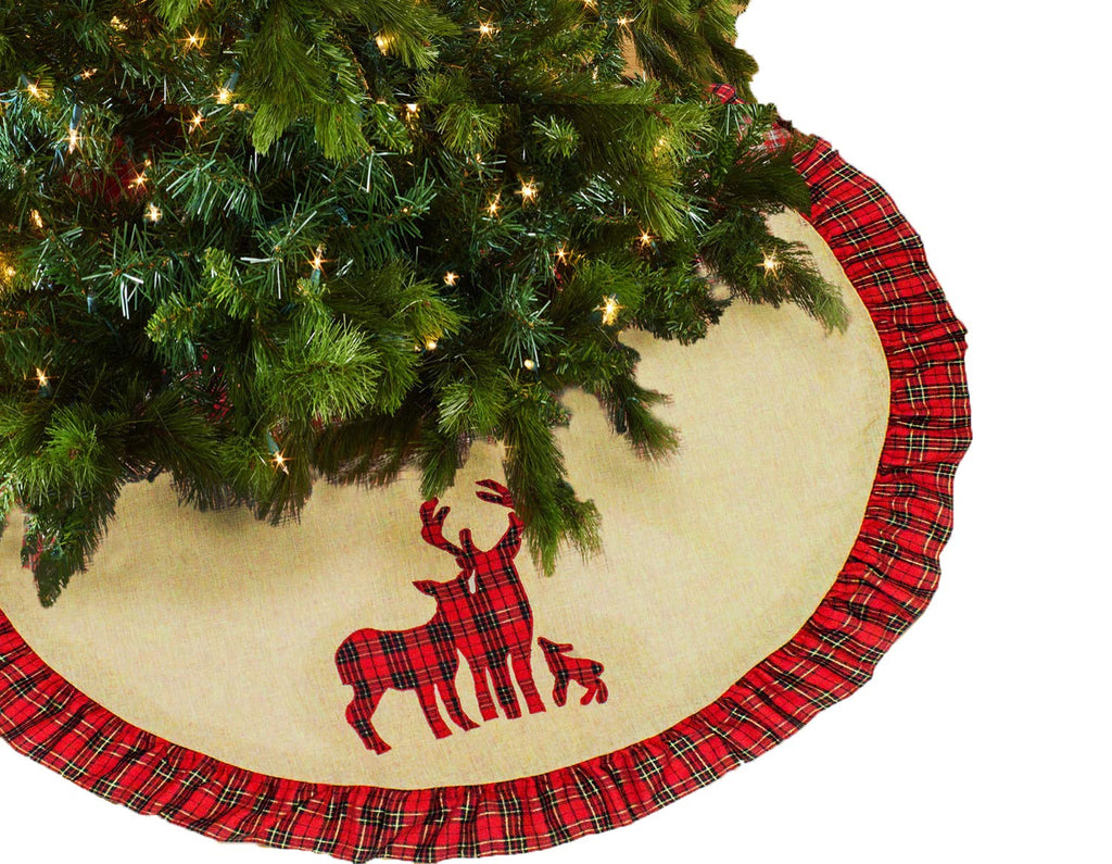 Fennco Styles Holiday Deer Family Tartan Plaid Ruffle Christmas Tree Skirt