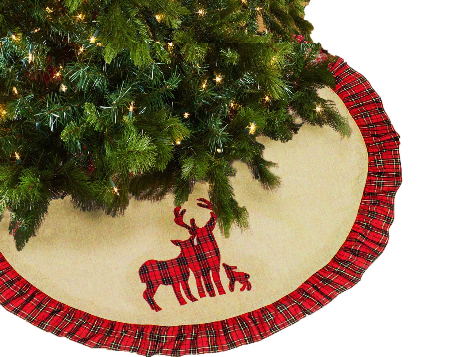 Fennco Styles Holiday Deer Family Tartan Plaid Ruffle Christmas Tree Skirt