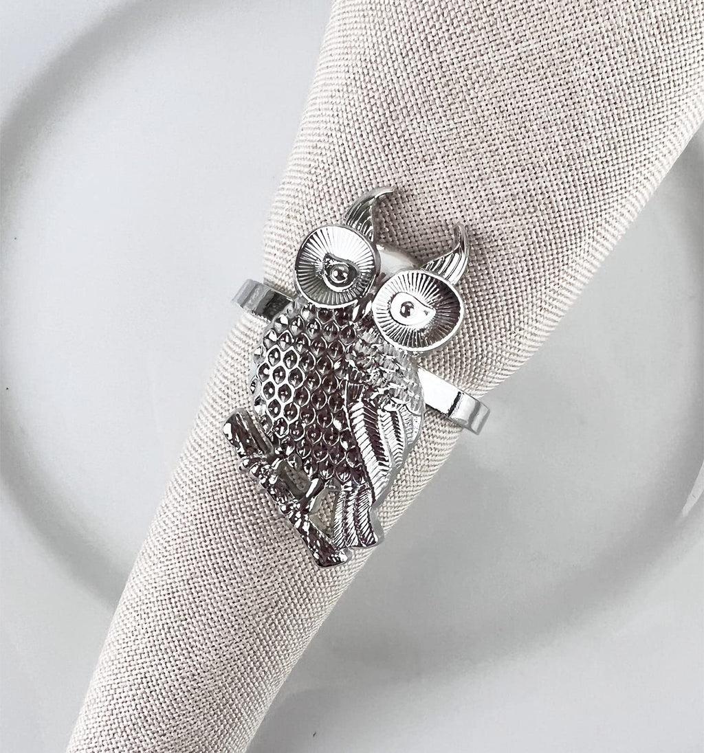 Fennco Styles Perched Owl Metal Napkin Rings, Set of 4 - Animal Napkin Holders for Home Décor, Dining Table, Banquets, Family Gathering and Special Occasions