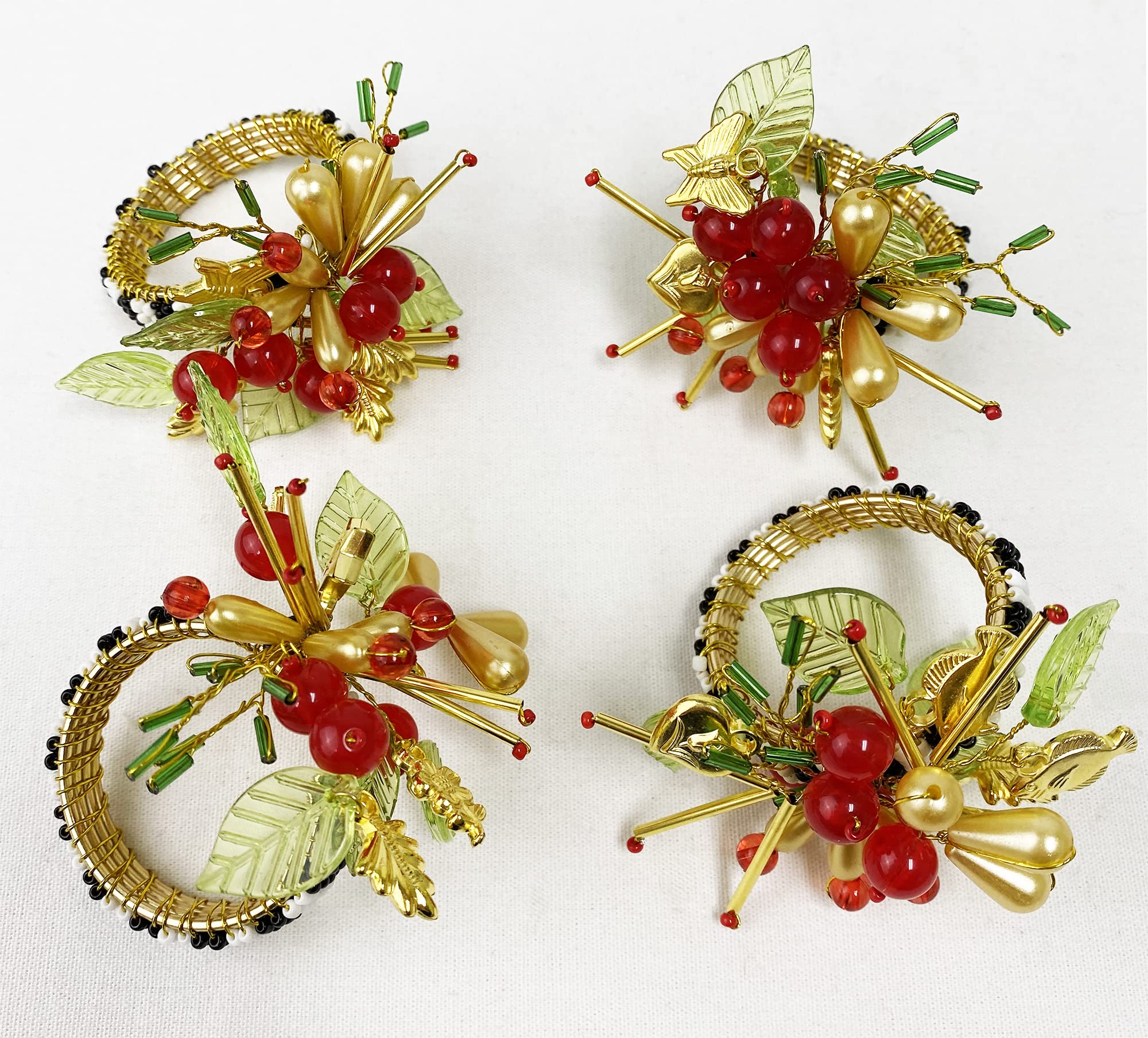 Fennco Styles Hand Beaded Holiday Flower Napkin Rings, Set of 4 - Multicolored Bead Festive Napkin Holders for Home, Dining Room, Banquet, Family Gathering, Christmas Décor and Special Occasion