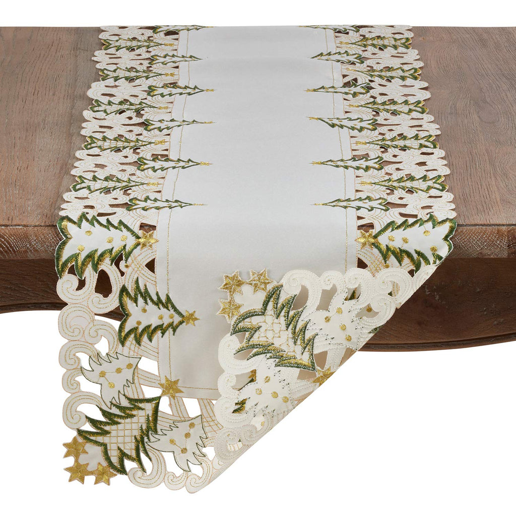 Fennco Styles Pandoro Collection Holiday Embroidered Christmas Tree Cutwork Border Table Linens – Ivory and Red Table Linens for Christmas Dinner, Family Gathering, Special Events and Home Décor