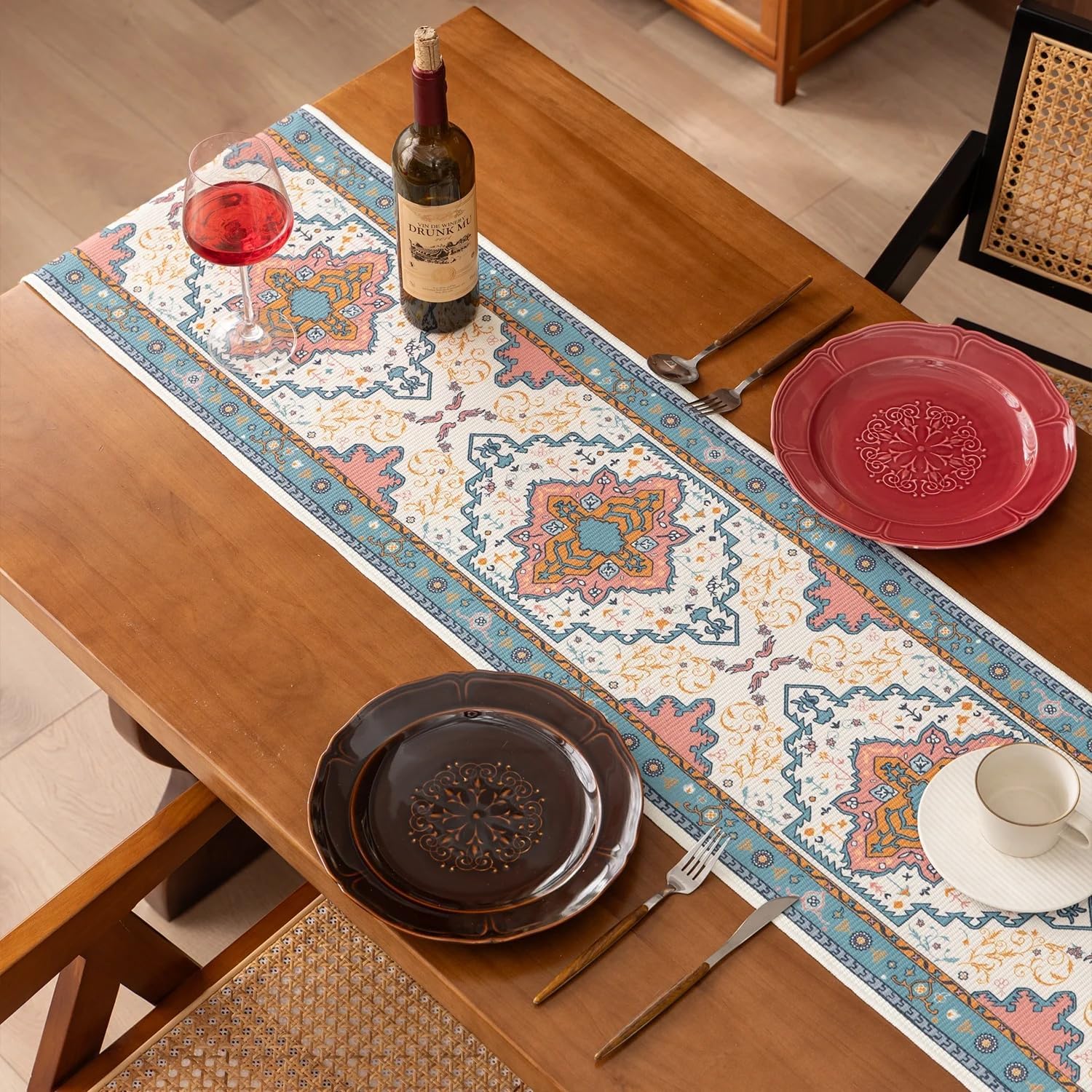 Fennco Styles Ethnic Floral Print Cotton Blend Table Runner 14" W x 72" L - Multicolor Boho Tribal-Inspired Table Cover for Home Décor, Everyday Use, Banquets and Special Occasions