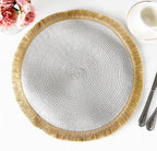 Fennco Styles Hand Braided Fringe Boho Placemats 15 Inch Round, Set of 4 - Beige & White Woven Textured Table Mats for Home, Dining Room, Banquets, Family Gathering and Special Occasion