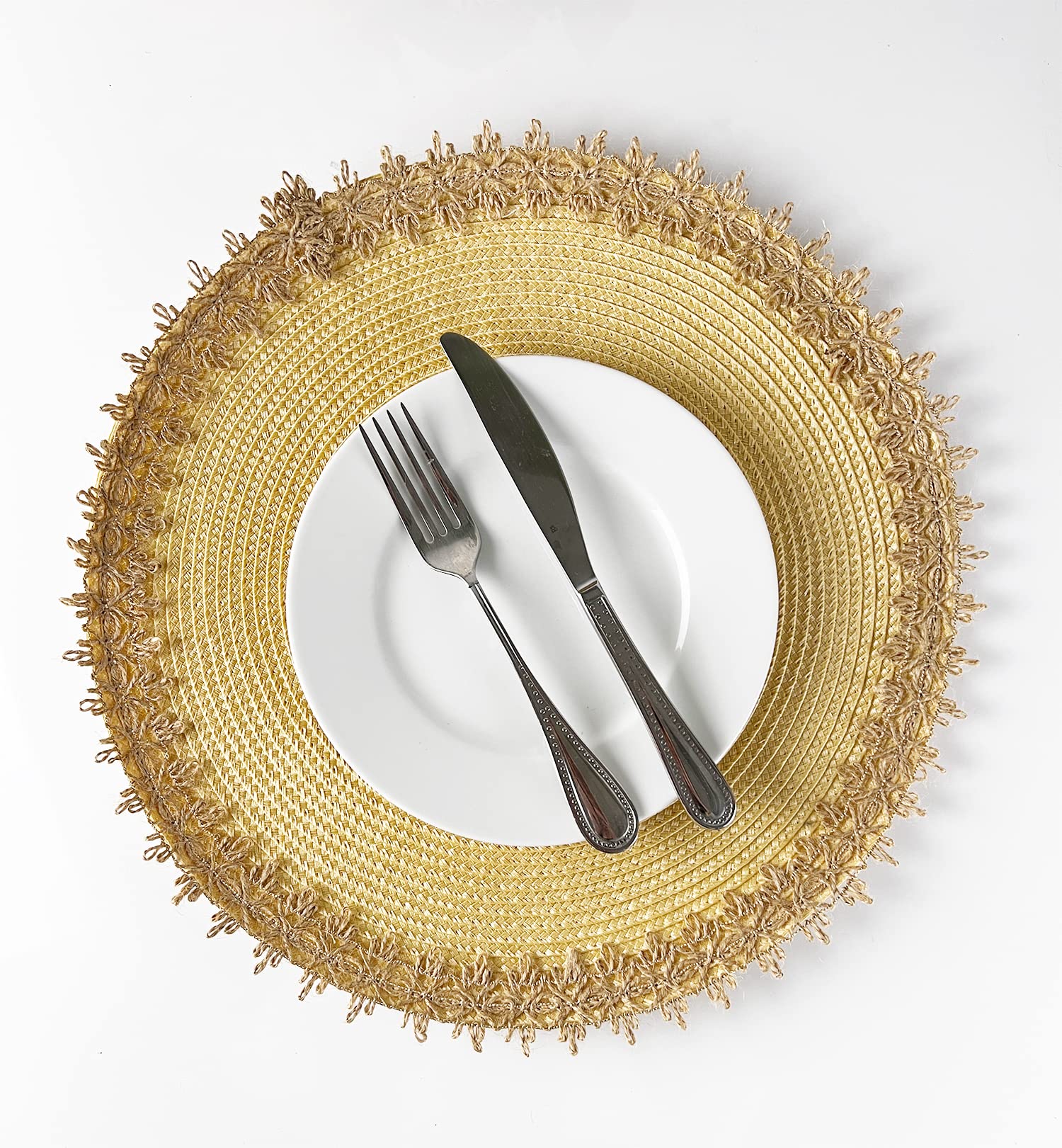 Fennco Styles Rustic Jute Border Handwoven Placemats 15" Round, Set of 4 - Natural Braided Table Mats for Home, Dining Room Décor, Banquets, Holidays, Family Gatherings and Special Occasion