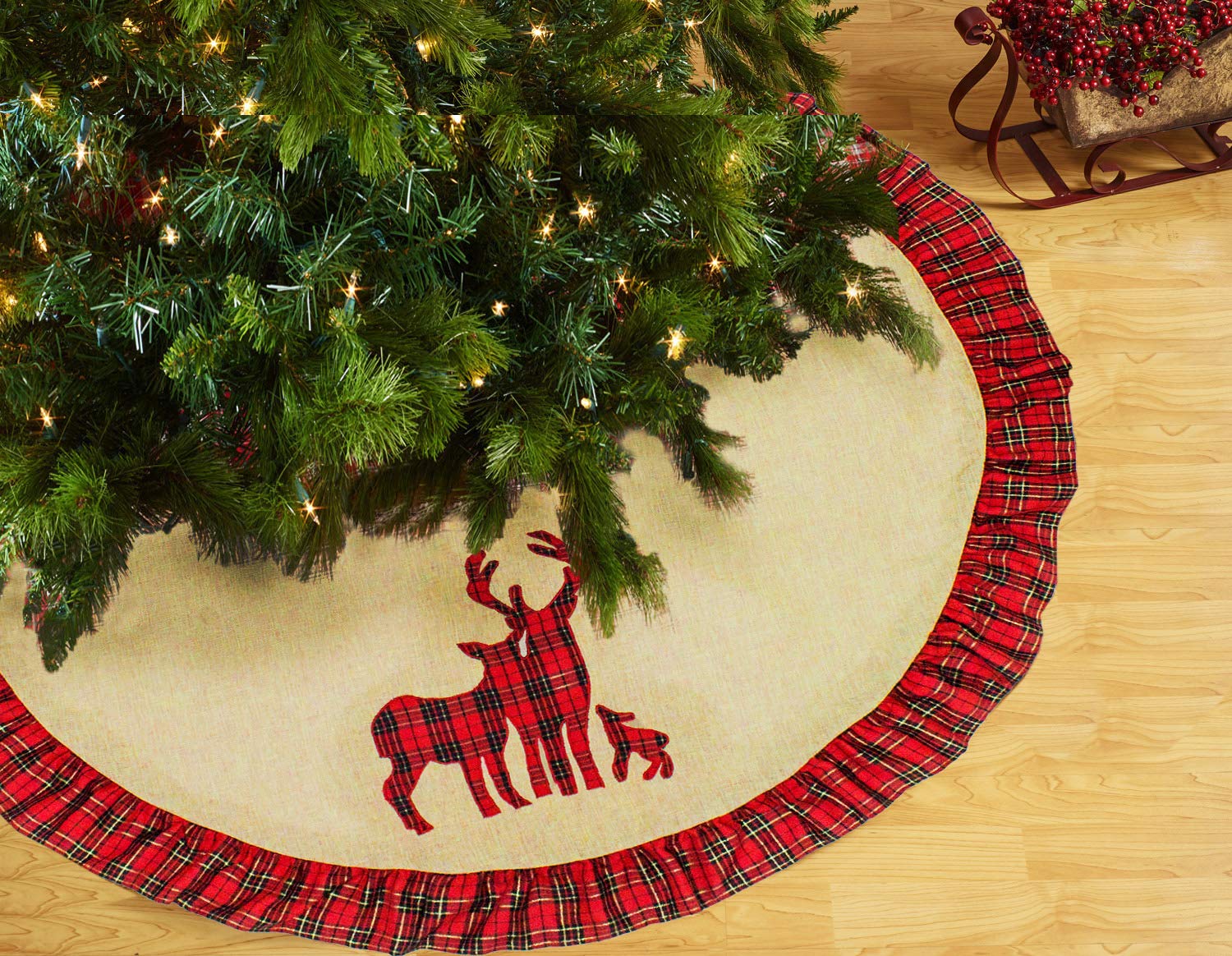 Fennco Styles Holiday Deer Family Tartan Plaid Ruffle Christmas Tree Skirt