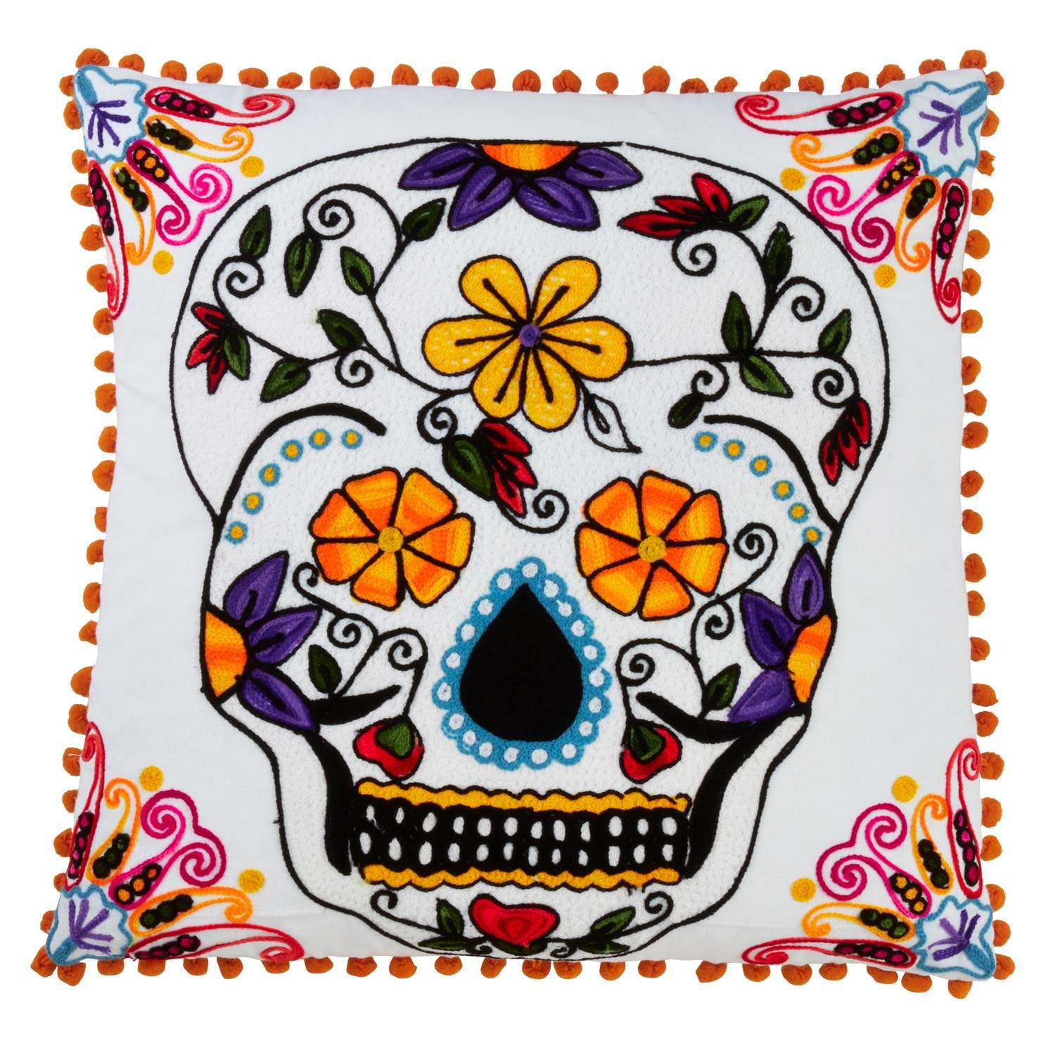 Fennco Styles Día de Los Muertos Collection Cempasuchil Sugar Skull Embroidered 18 x 18 Inch Throw Pillow with Case & Insert – White Throw Pillow for Couch, Bedroom and Living Room Décor
