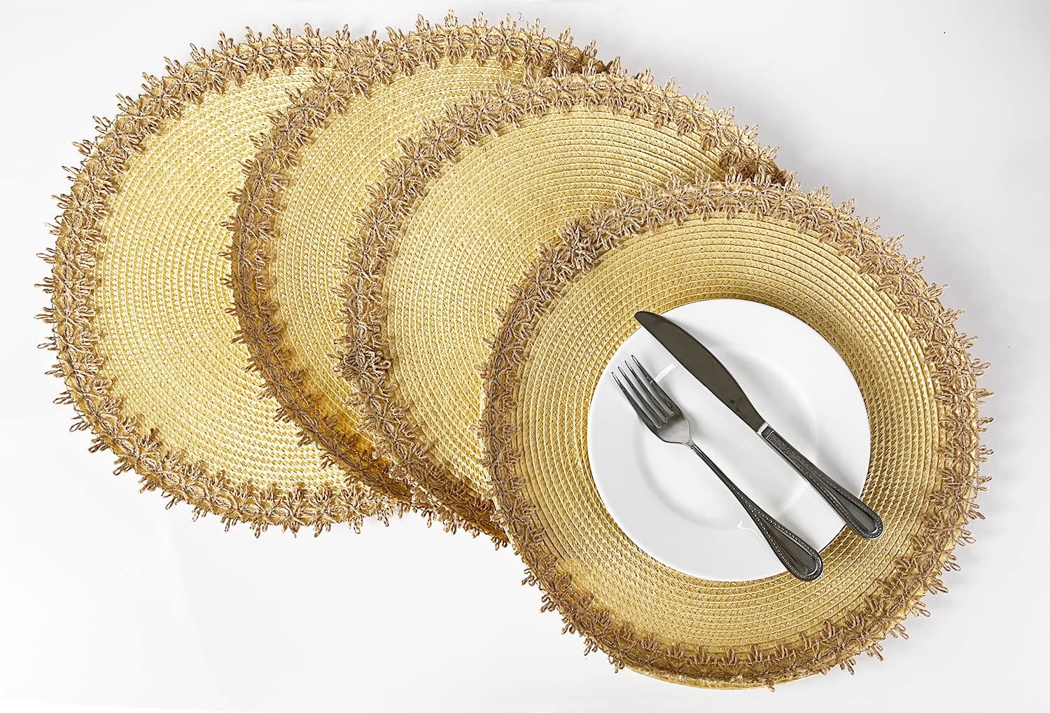 Fennco Styles Rustic Jute Border Handwoven Placemats 15" Round, Set of 4 - Natural Braided Table Mats for Home, Dining Room Décor, Banquets, Holidays, Family Gatherings and Special Occasion