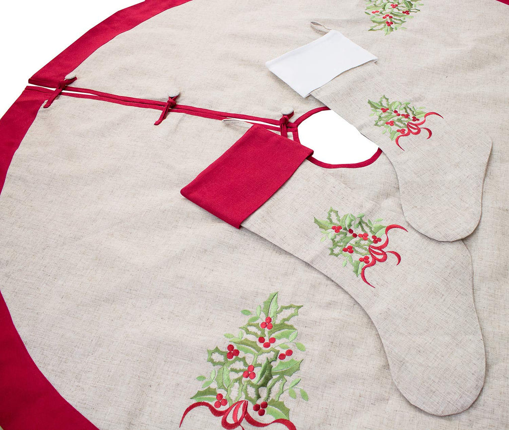 Fennco Styles Embroidered Holly Christmas Tree Holiday Decorative Tree Skirt