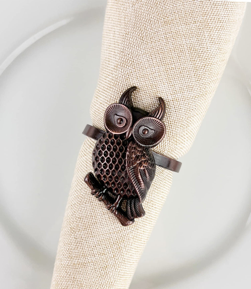 Fennco Styles Perched Owl Metal Napkin Rings, Set of 4 - Animal Napkin Holders for Home Décor, Dining Table, Banquets, Family Gathering and Special Occasions