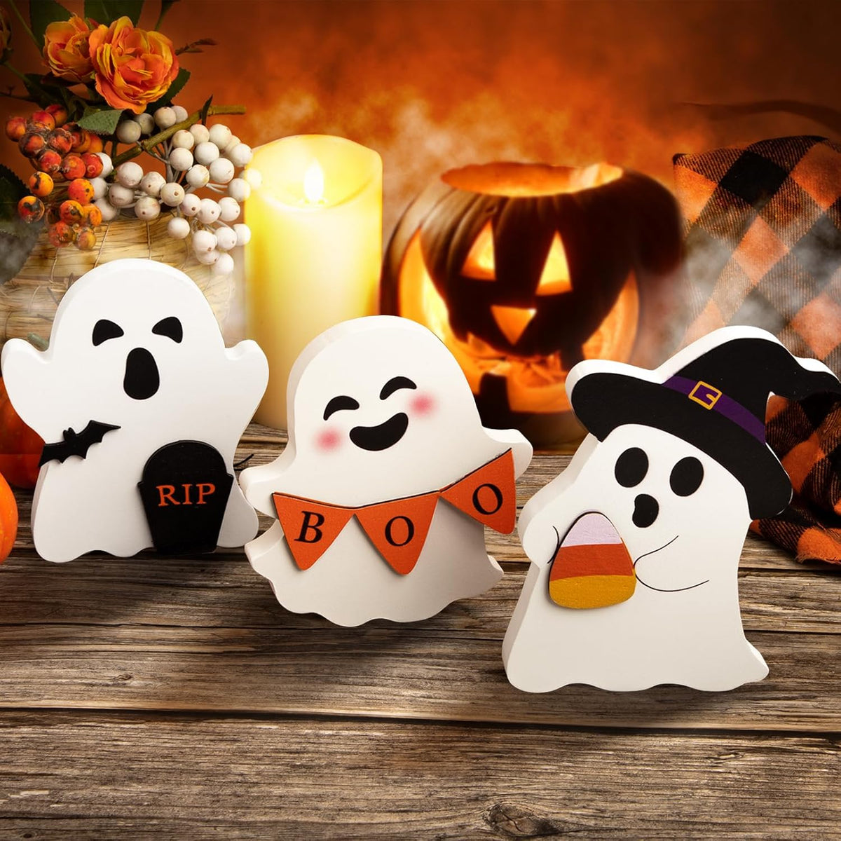 Cute Ghost Halloween Wooden Decor Set of 3