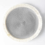 Fennco Styles Hand Braided Fringe Boho Placemats 15 Inch Round, Set of 4 - Beige & White Woven Textured Table Mats for Home, Dining Room, Banquets, Family Gathering and Special Occasion