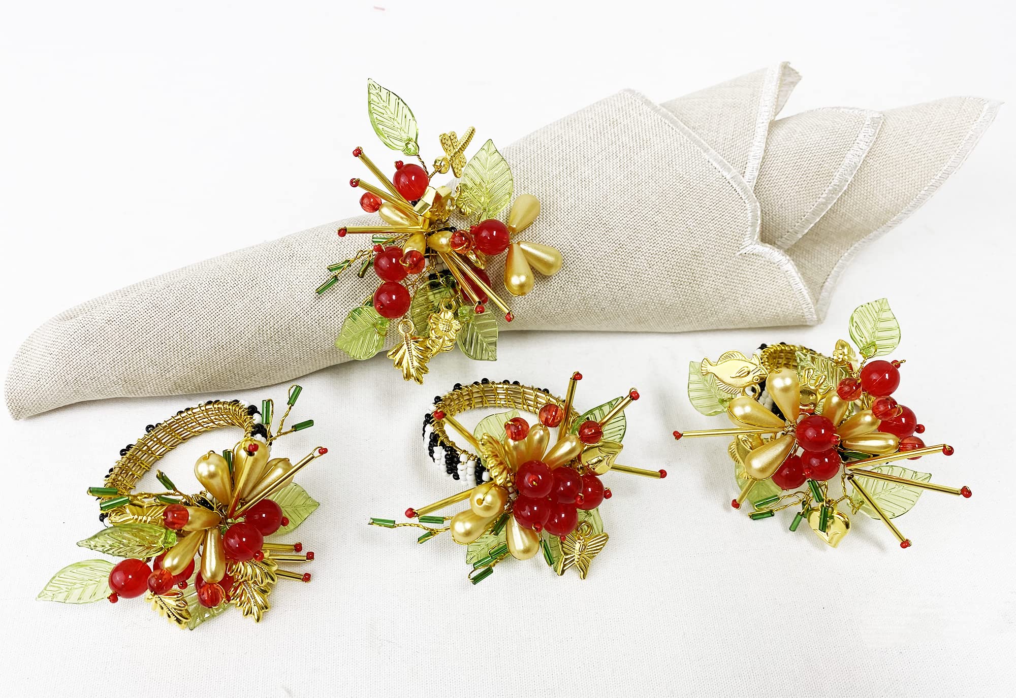 Fennco Styles Hand Beaded Holiday Flower Napkin Rings, Set of 4 - Multicolored Bead Festive Napkin Holders for Home, Dining Room, Banquet, Family Gathering, Christmas Décor and Special Occasion