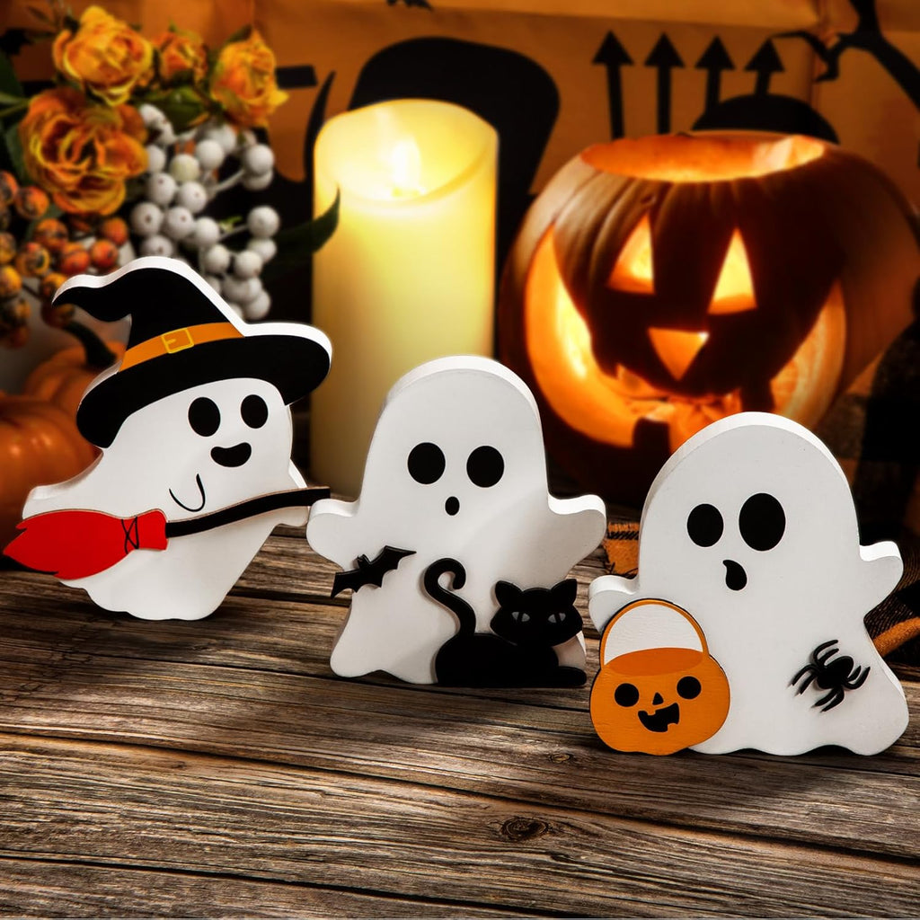 Cute Ghost Halloween Wooden Decor Set of 3