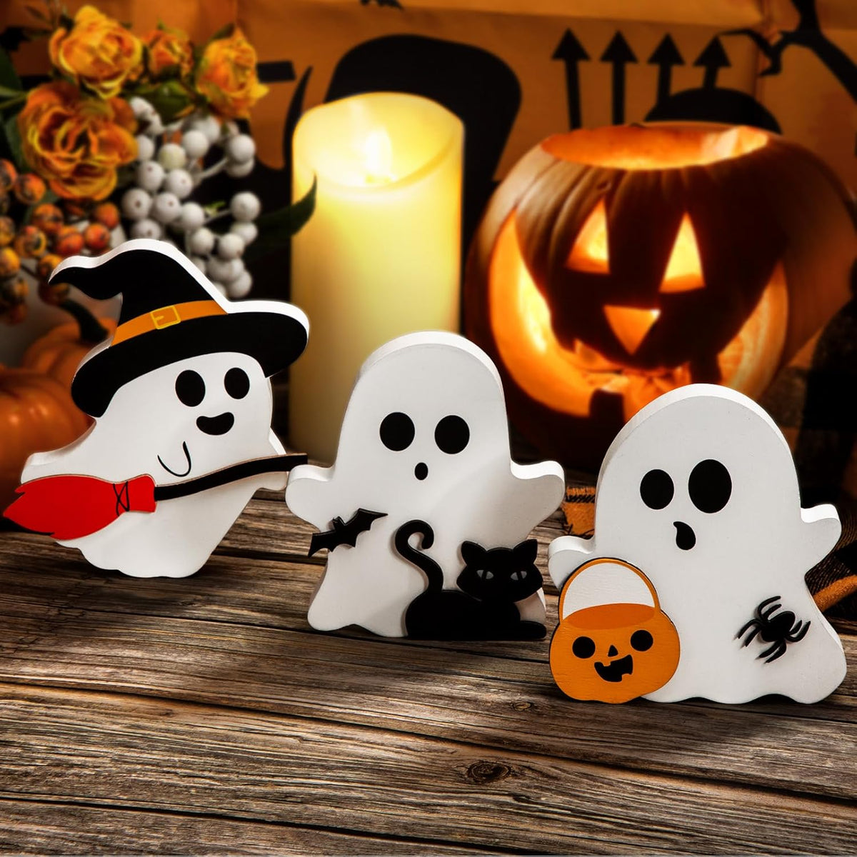 Cute Ghost Halloween Wooden Decor Set of 3