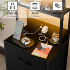 41 Inch Tall Nightstand with Charging Station, Led Night Stand with U-S-B Port & Socket, 3 PU Finished Fabric Storage Drawers, Office, Bedside Table & Bookshelf in One, Black