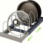 Expandable Pot and Pan Organizer Rack for Cabinet, Pot Lid Organizer Holder with 7 Stainless Steel Adjustable Dividers for Kitchen Cabinet Organizer and Storage