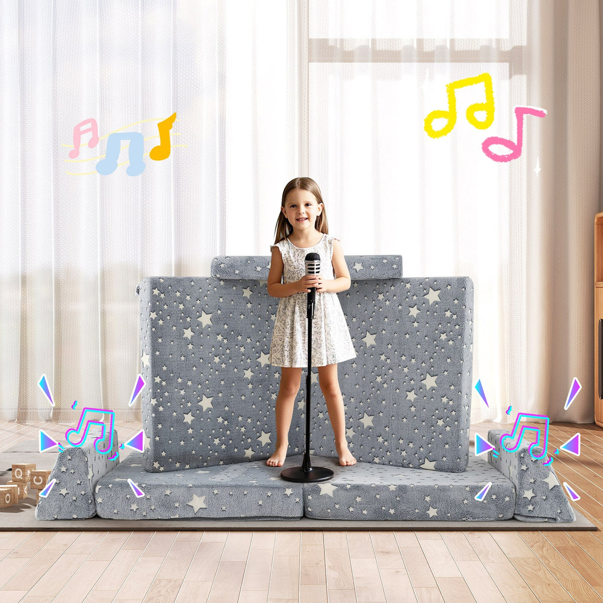 8 Pc Modular Kids Play Couch Glow in the Dark, Gray Washable