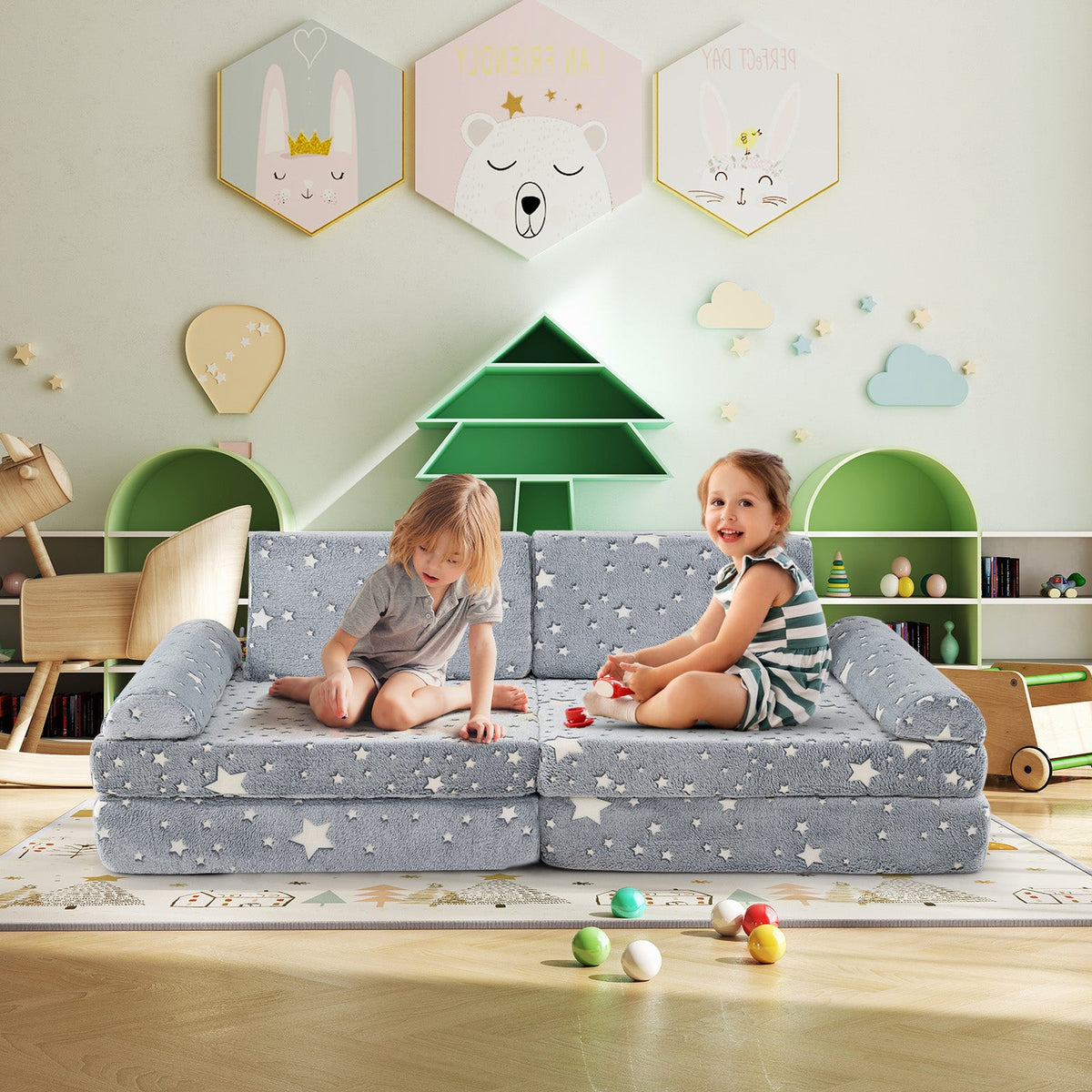 8 Pc Modular Kids Play Couch Glow in the Dark, Gray Washable