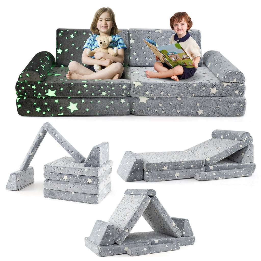 8 Pc Modular Kids Play Couch Glow in the Dark, Gray Washable