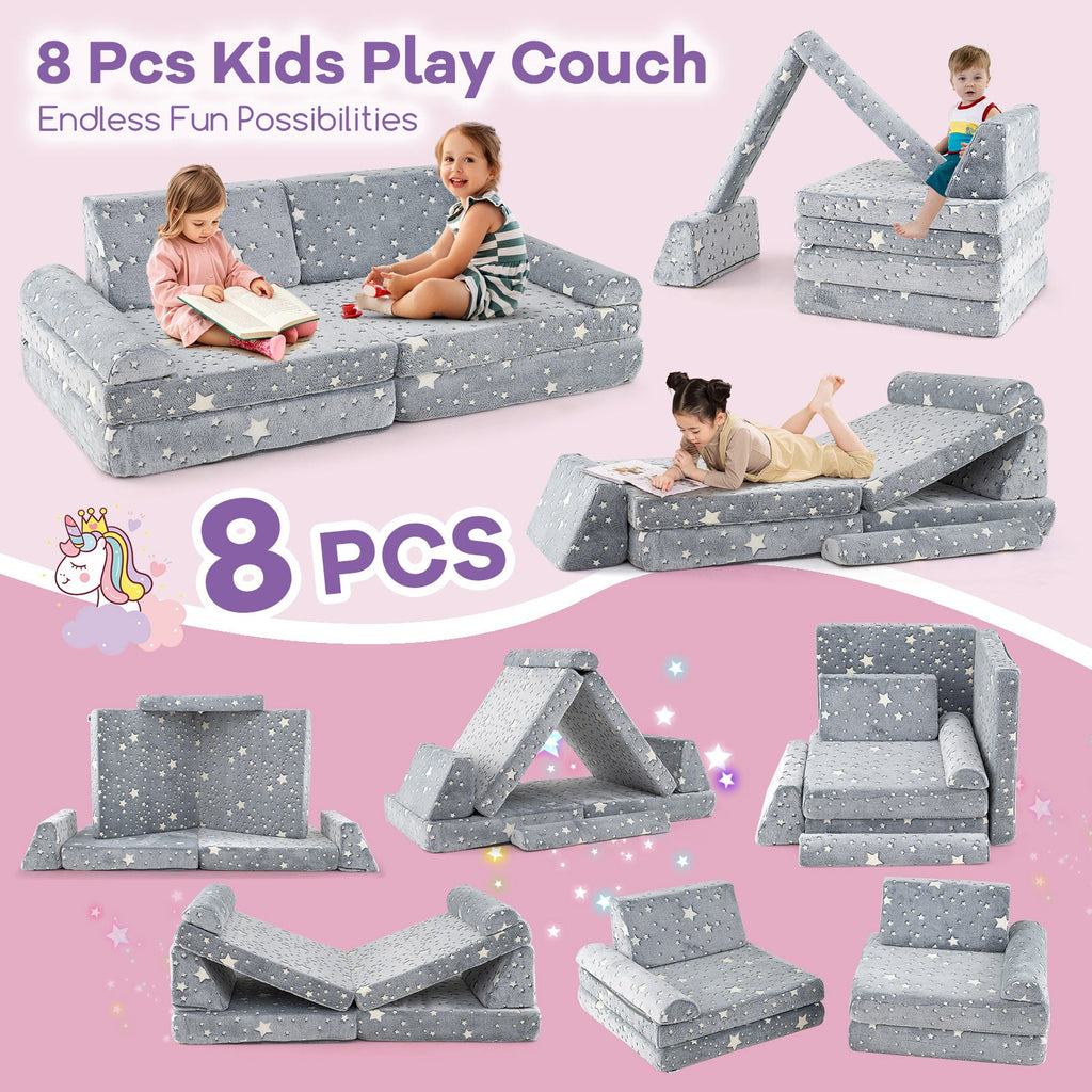 8 Pc Modular Kids Play Couch Glow in the Dark, Gray Washable