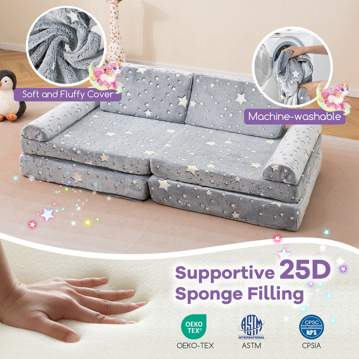 8 Pc Modular Kids Play Couch Glow in the Dark, Gray Washable