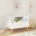 Toy Box With Front Bookshelf, Flip Top Lid, Safety Hinge For Kids Room Organization - White