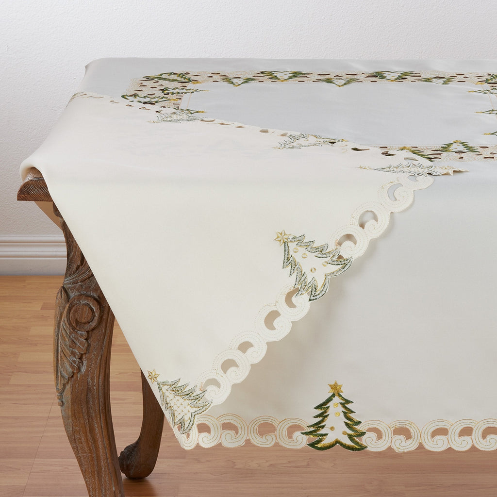 Fennco Styles Pandoro Collection Holiday Embroidered Christmas Tree Cutwork Border Table Linens – Ivory and Red Table Linens for Christmas Dinner, Family Gathering, Special Events and Home Décor