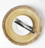 Fennco Styles Hand Braided Fringe Boho Placemats 15 Inch Round, Set of 4 - Beige & White Woven Textured Table Mats for Home, Dining Room, Banquets, Family Gathering and Special Occasion