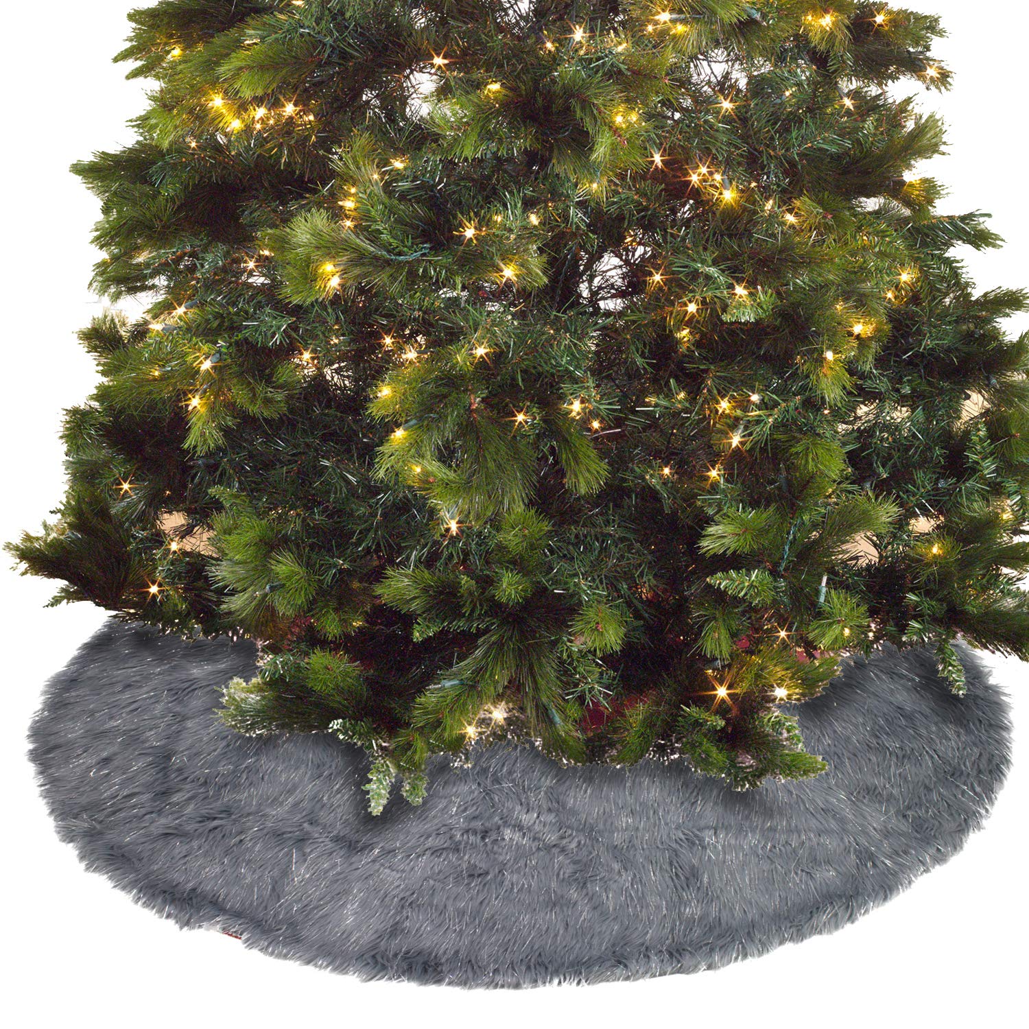 Fennco Styles Holiday Christmas Decorative Exquisite Faux Fur with Silver Metallic Thread Tree Skirt - 2 Colors