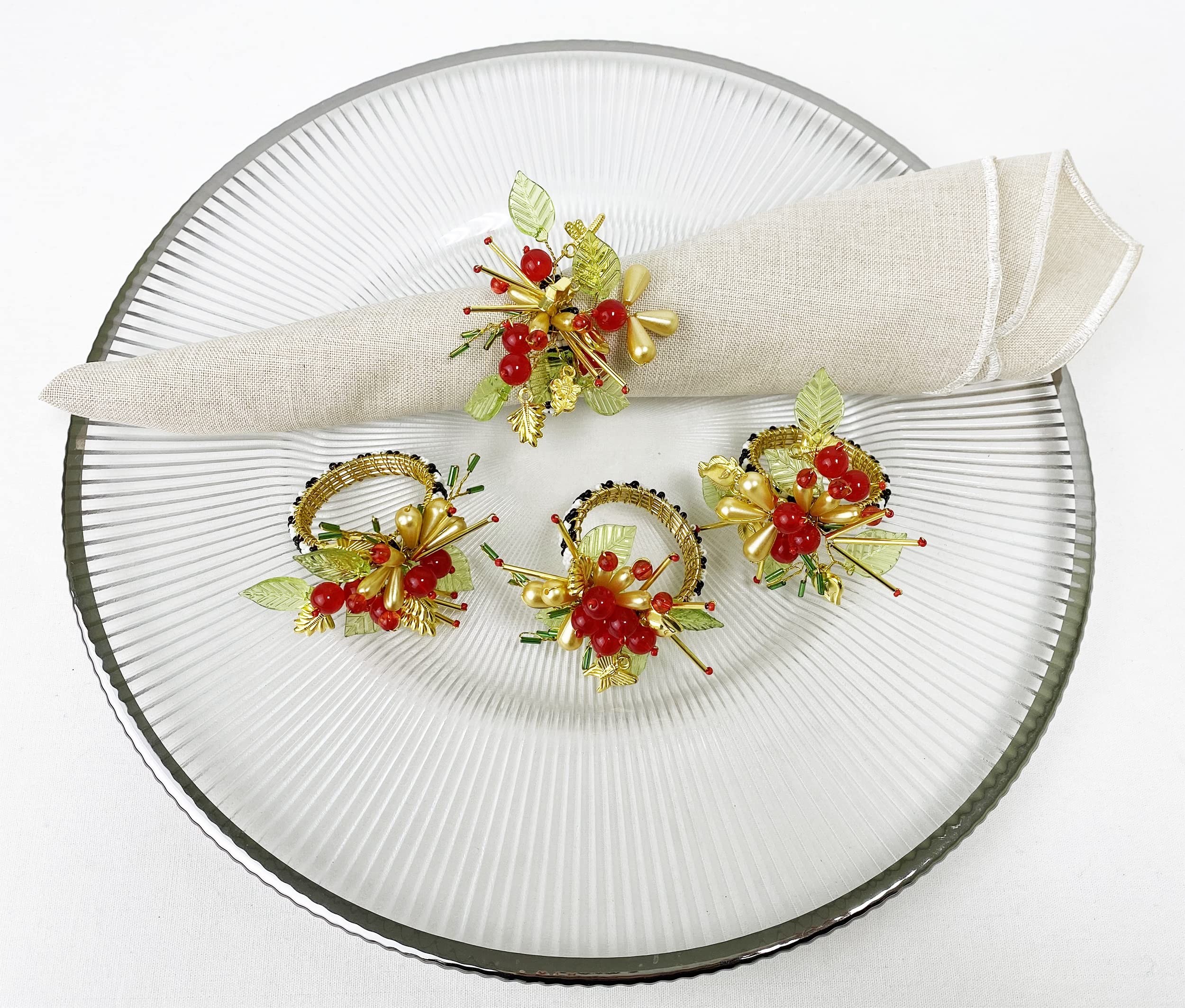 Fennco Styles Hand Beaded Holiday Flower Napkin Rings, Set of 4 - Multicolored Bead Festive Napkin Holders for Home, Dining Room, Banquet, Family Gathering, Christmas Décor and Special Occasion