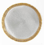 Fennco Styles Hand Braided Fringe Boho Placemats 15 Inch Round, Set of 4 - Beige & White Woven Textured Table Mats for Home, Dining Room, Banquets, Family Gathering and Special Occasion