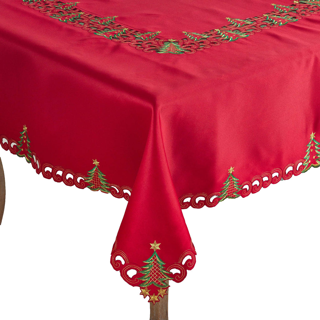 Fennco Styles Pandoro Collection Holiday Embroidered Christmas Tree Cutwork Border Table Linens – Ivory and Red Table Linens for Christmas Dinner, Family Gathering, Special Events and Home Décor
