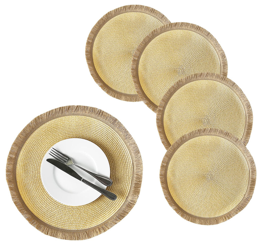 Fennco Styles Hand Braided Fringe Boho Placemats 15 Inch Round, Set of 4 - Beige & White Woven Textured Table Mats for Home, Dining Room, Banquets, Family Gathering and Special Occasion