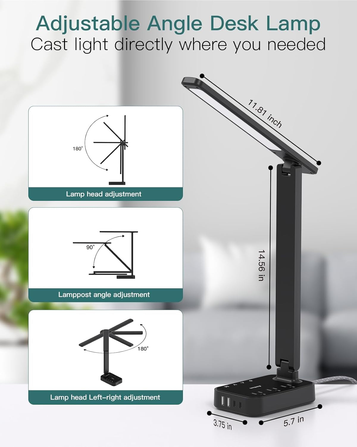 Addtam LED Touch Desk Lamp, Power Strip with 3 Outlets 4 USB Charging Ports(2 USBC)