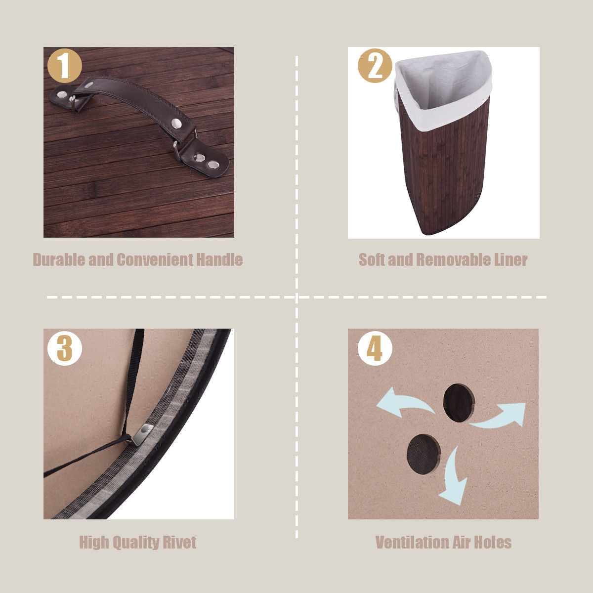 Corner Bamboo Hamper Laundry Basket in FOUR colors