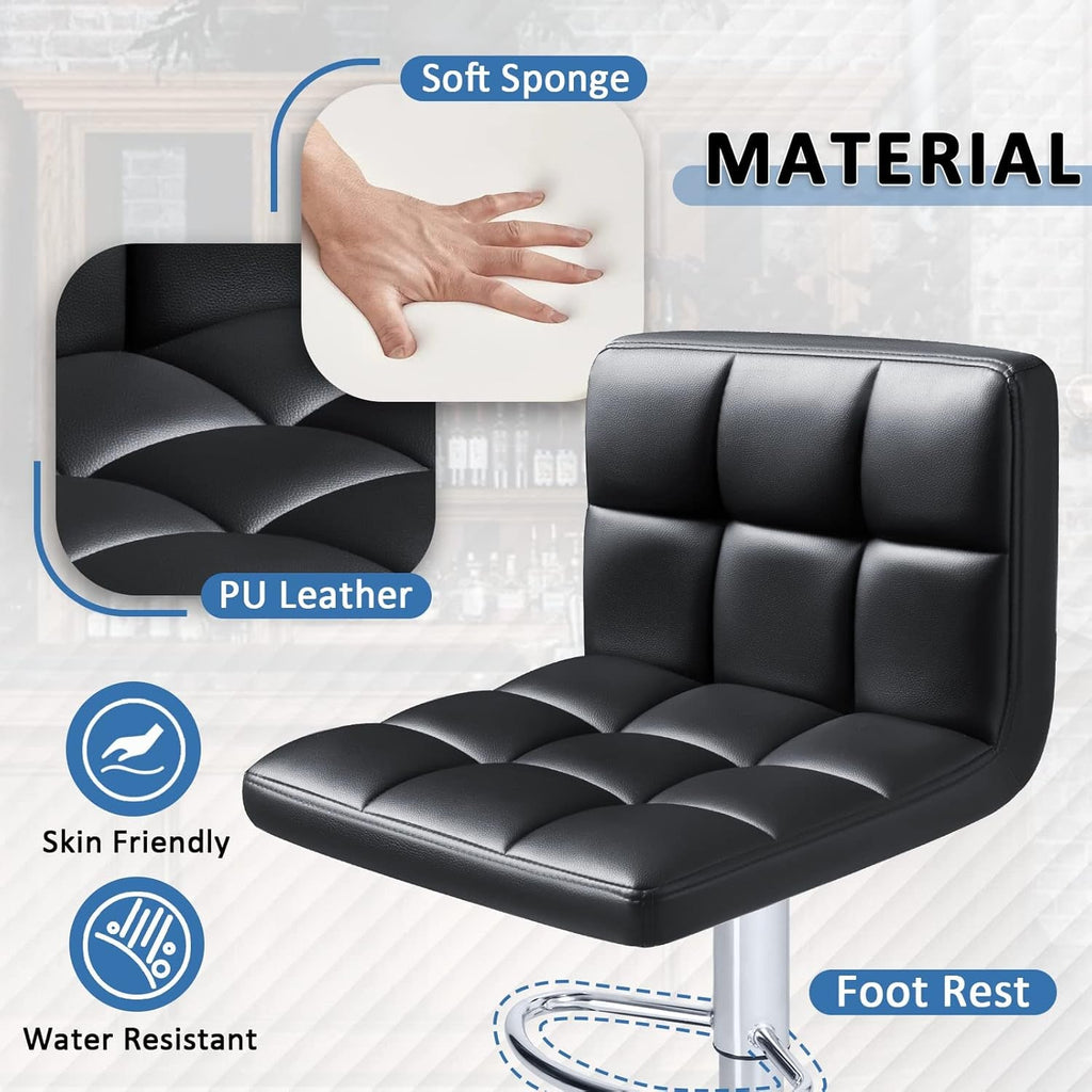 Modern PU Leather Adjustable Swivel Bar Stools, Armless Hydraulic Kitchen Counter Barstools, Extra Height Square Island Barstools with Back, Set of 2 (Black)