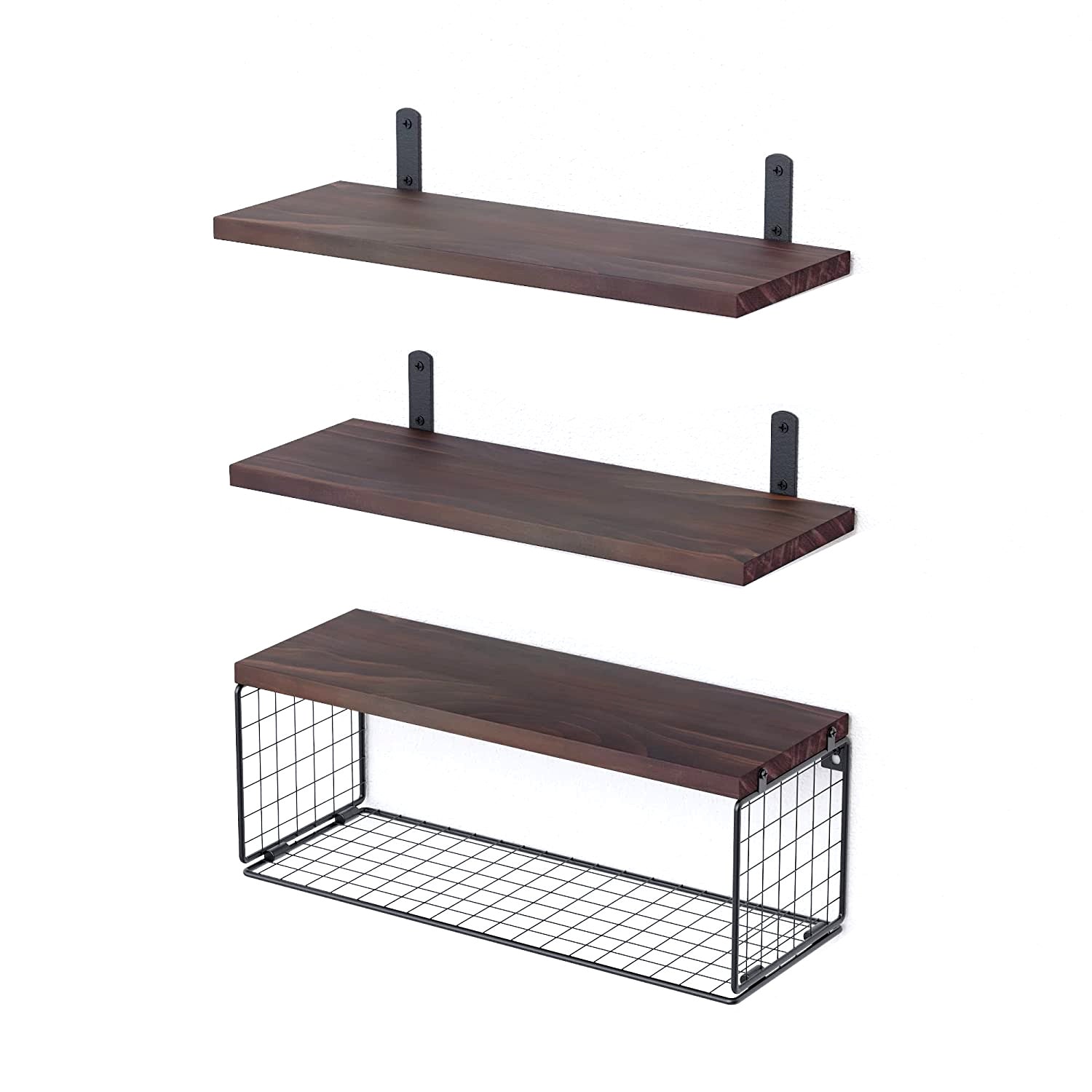 2 In 1 Floating Shelves Wall Mounted with Storage Basket, Wooden Shelves for Bathroom/Over Toilet, Bedroom, Living Room, Kitchen, Office, Wall Decor, Entry