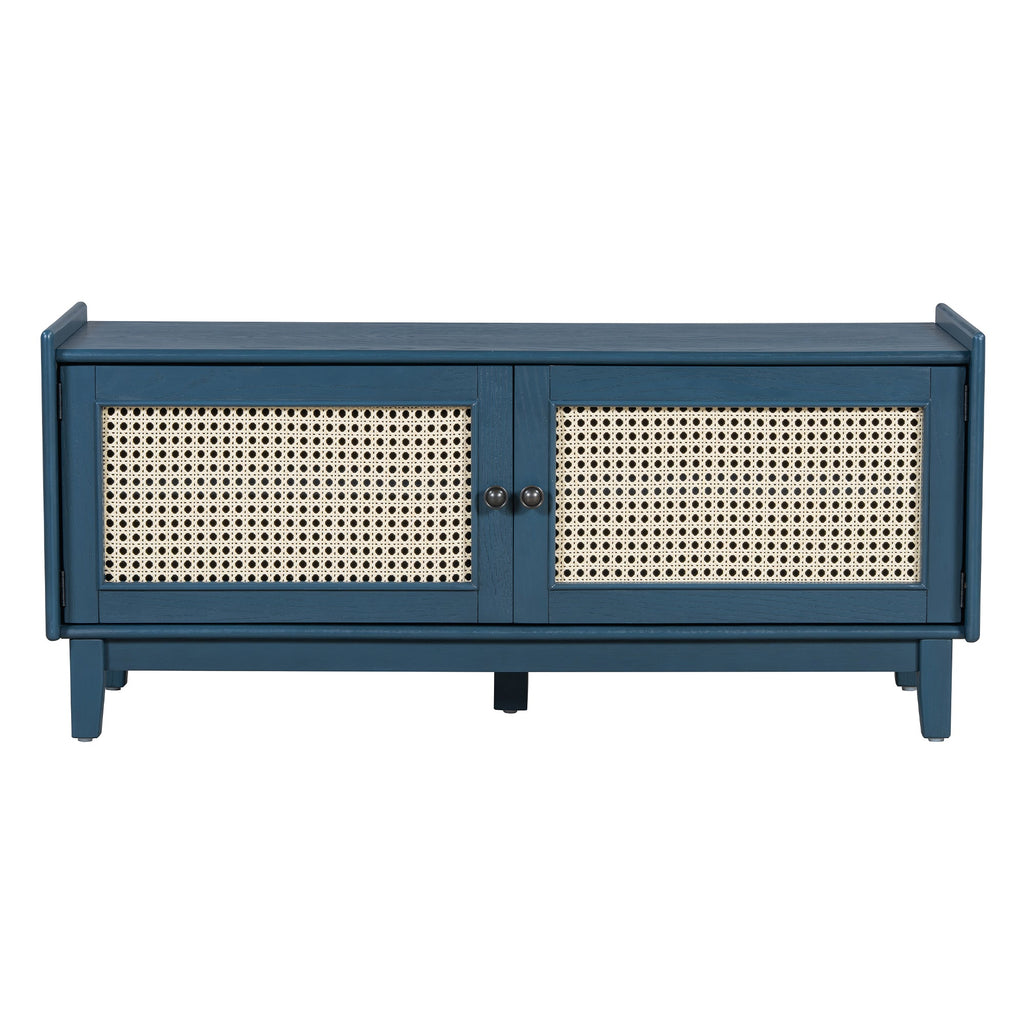 Boho Rattan Entryway Bench with Storage, Cushioned Shoe Bench with Double